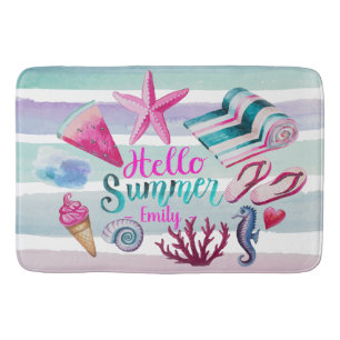 Hallo Sommer Wasserfarben Monogram Beach Streifen Badematte
