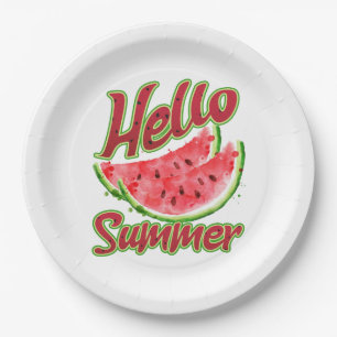 Hallo Sommer Watercolor Watermelone Design Pappteller