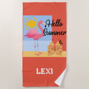 Hallo Summer Pink Flamingo Design - Beach Handtuch