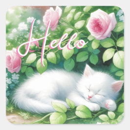 Hallo  | Sweet White Kitten Napping Quadratischer Aufkleber
