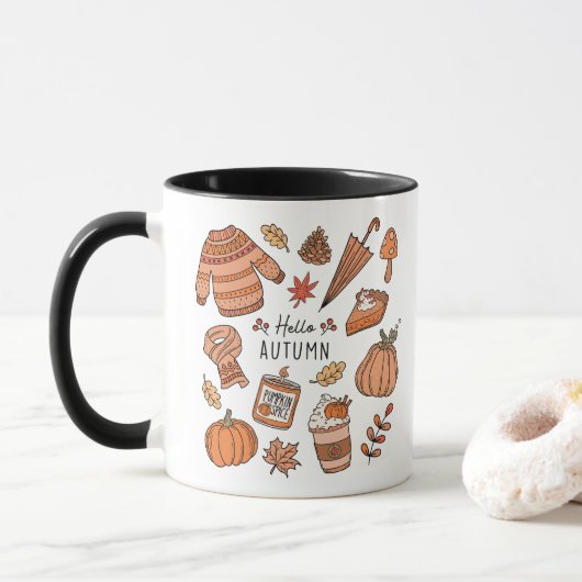 Hallo Tasse Herbst, Fall Vibes Tasse, Retro Doodle (Mit Donut)