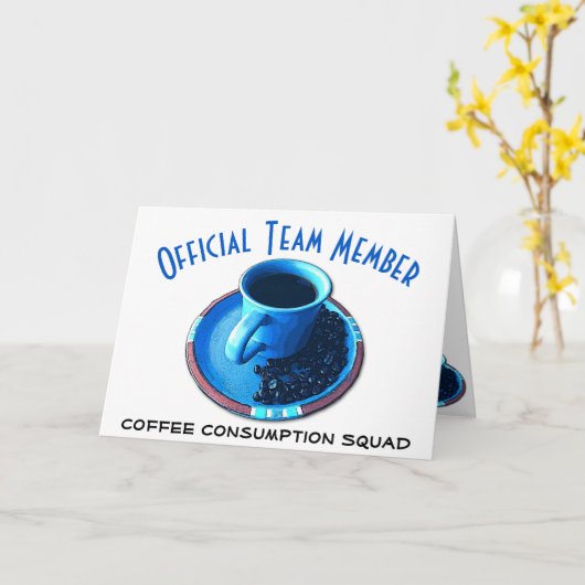 Hallo Team Kaffee mit Blue Cup und Saucer Custom Karte (Gelbe Blume)