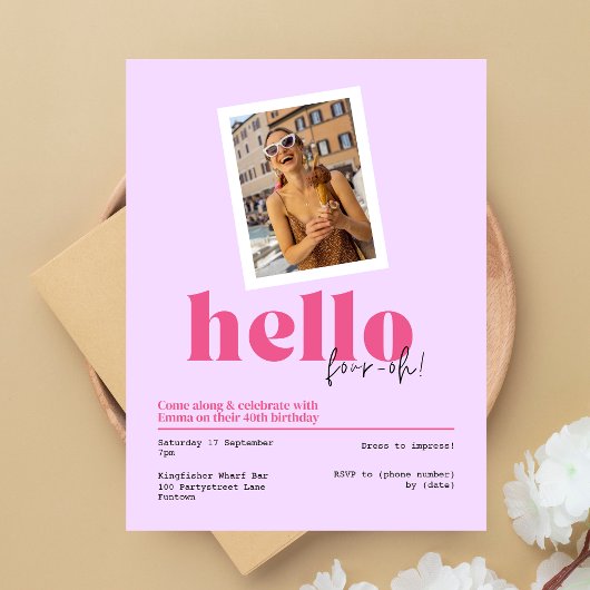 "Hallo, vier-oh!" lila Einladung zum 40. Geburtsta Postkarte