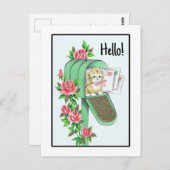 Hallo ! Vintages Kitten in der grünen Mailbox Postkarte (Vorne/Hinten)