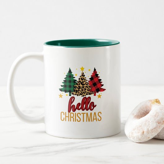 Hallo Weihnachten mit karierten Bäumen Kaffee Tass Zweifarbige Tasse