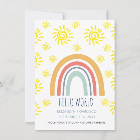 Hallo Welt Boho Regenbogen Sonne Geburtsankündigun Einladung (Vorderseite)