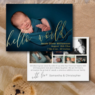 Hallo Welt Foto-Collage Gold Baby-Ankündigung Folieneinladung