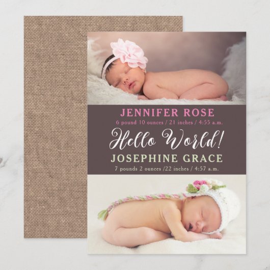 Hallo Welt! Modernes Foto Twins Geburtsankündigung Einladung (Vorne/Hinten)