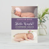 Hallo Welt! Modernes Foto Twins Geburtsankündigung Einladung (Stehend Vorderseite)