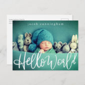 Hallo Welt! Modernes, spielerisches Script Baby Bi Ankündigungspostkarte (Vorne/Hinten)