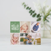 Hallo Welt und Geburtstag Ankündigung Foto Collage Postkarte (Stehend Vorderseite)