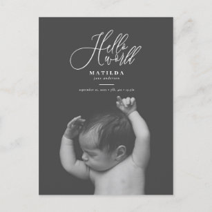 Hallo Weltskripttext-Foto-Geburtsmitteilung Ankündigungspostkarte