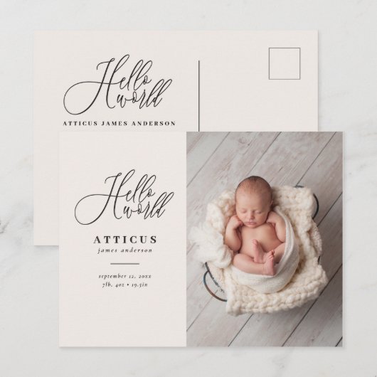 Hallo Weltskripttext-Foto-Geburtsmitteilung Ankündigungspostkarte (Vorne/Hinten)