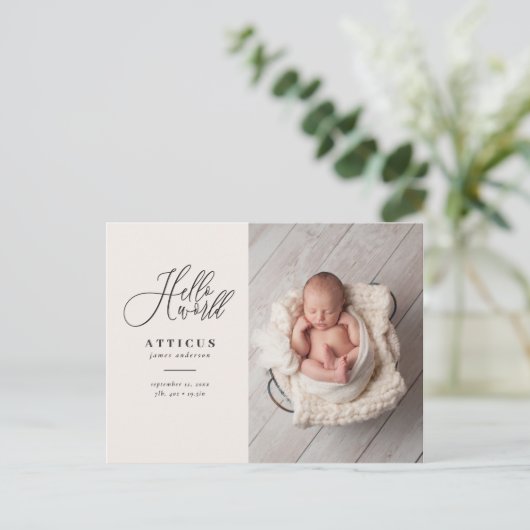 Hallo Weltskripttext-Foto-Geburtsmitteilung Ankündigungspostkarte (Stehend Vorderseite)