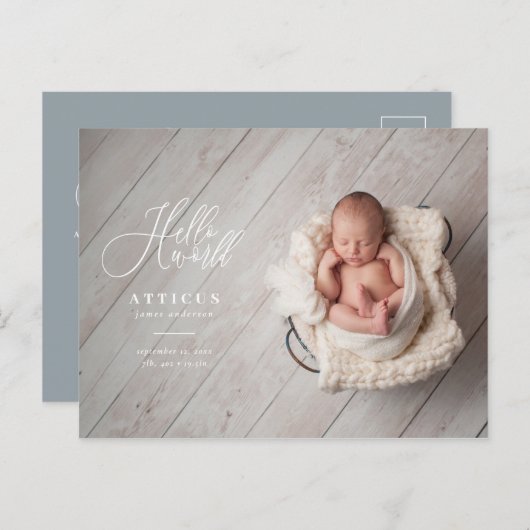 Hallo Weltskripttext-Foto-Geburtsmitteilung Ankündigungspostkarte (Vorne/Hinten)