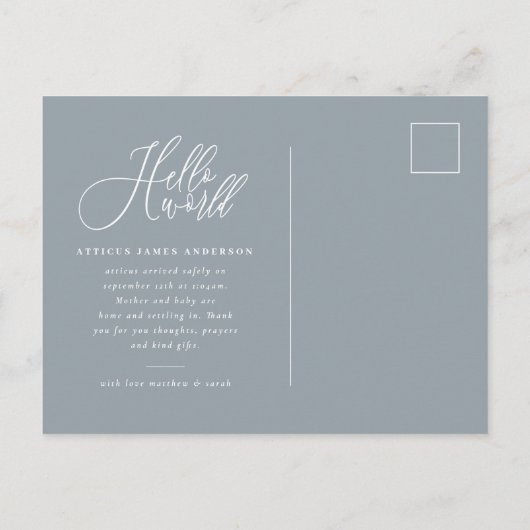 Hallo Weltskripttext-Foto-Geburtsmitteilung Ankündigungspostkarte (Rückseite)