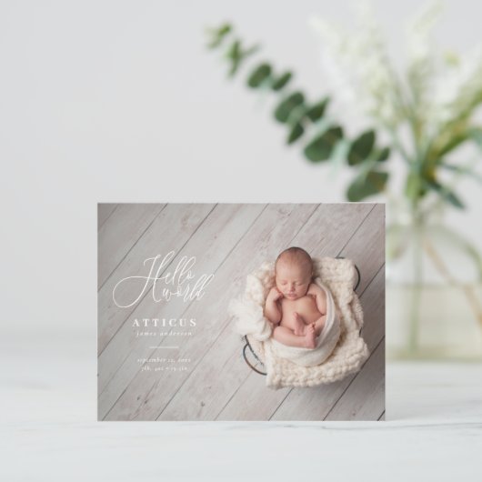 Hallo Weltskripttext-Foto-Geburtsmitteilung Ankündigungspostkarte (Stehend Vorderseite)