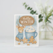 Hallo Winter.Cosy Reindeer, Hot Cocoa, Gingerbret Postkarte (Stehend Vorderseite)