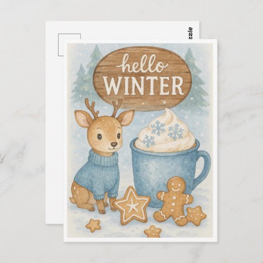 Hallo Winter.Cosy Reindeer, Hot Cocoa, Gingerbret Postkarte (Vorne/Hinten)