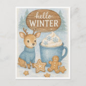 Hallo Winter.Cosy Reindeer, Hot Cocoa, Gingerbret Postkarte (Vorderseite)