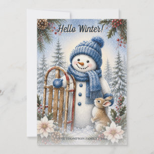Hallo Winter Schneemann Hase Wasserfarbe  Feiertagskarte