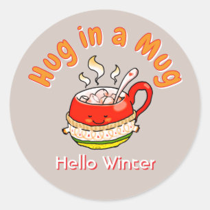 Hallo Winter Umarmung in einer Tasse Cozy Kawaii I Runder Aufkleber