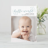 hallo world | Blue Dots Baby Foto Birth Ankündigung (Stehend Vorderseite)