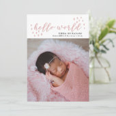 hallo world | Pink Dots Baby Foto Birth Ankündigung (Stehend Vorderseite)