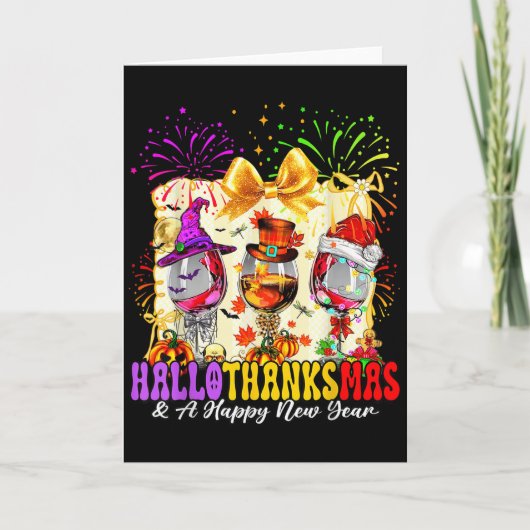 Hallothanksmas And A Happy New Year Wine Gles Fire Karte (Vorderseite)
