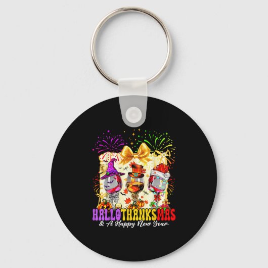 Hallothanksmas And A Happy New Year Wine Gles Fire Schlüsselanhänger (Vorderseite)