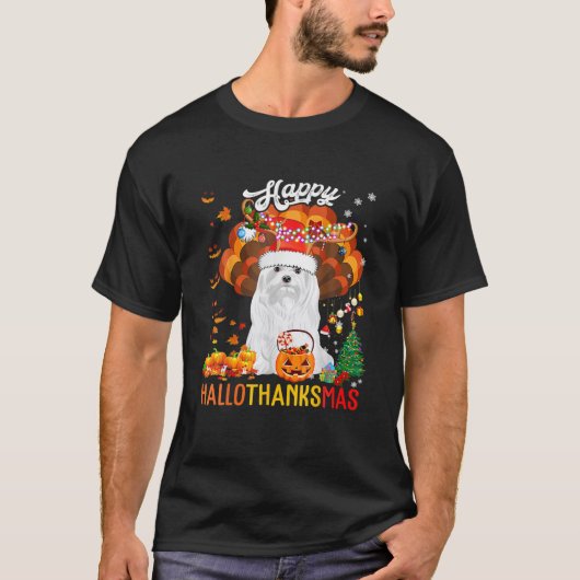 Hallothanksmas Santa Turkey Pumpkin Maltese Dog T-Shirt (Vorderseite)