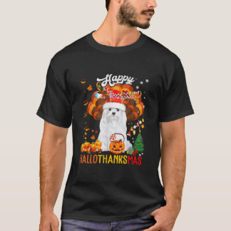 Hallothanksmas Santa Turkey Pumpkin Maltese Dog T- T-Shirt