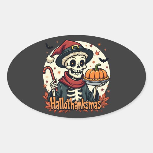 Hallothanksmas Skeleton: Pumpkin Pie & Candy Cane Ovaler Aufkleber (Vorderseite)