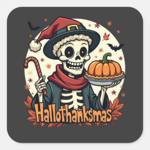 Hallothanksmas Skeleton: Pumpkin Pie & Candy Cane Quadratischer Aufkleber