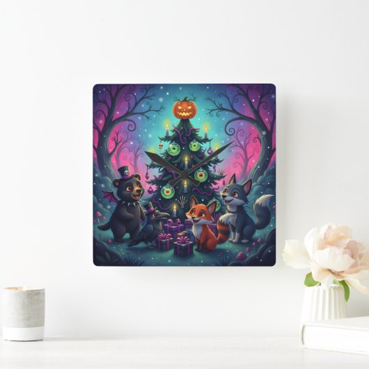 Hallow Xmas Tree Szene Quadratische Wanduhr (Zuhause)