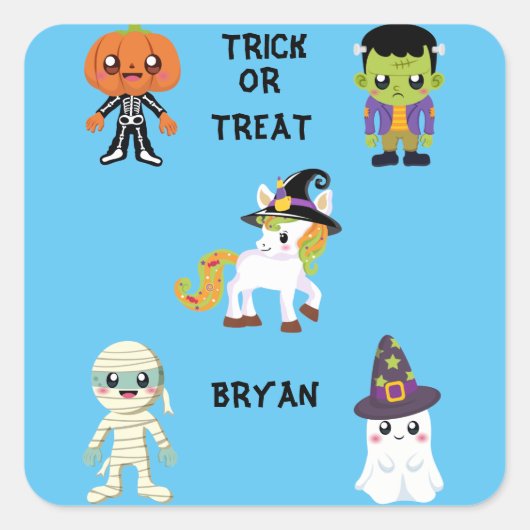 HALLOWEE "TRICK ODER BEHANDLUNGSSTICKER PERSONALIS QUADRATISCHER AUFKLEBER (Vorderseite)