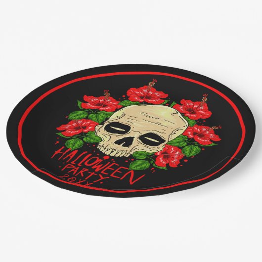 Halloween 20xx Skull Red Hibiskus Black 9" Pappteller (Schrägansicht)