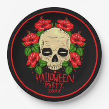 Halloween 20xx Skull Red Hibiskus Black 9"