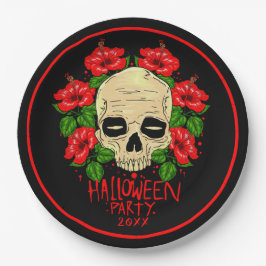 Halloween 20xx Skull Red Hibiskus Black 9" Pappteller