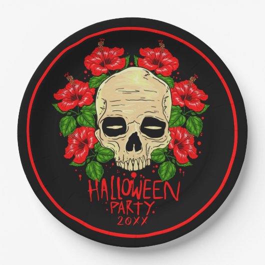 Halloween 20xx Skull Red Hibiskus Black 9" Pappteller (Vorderseite)