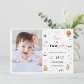 Halloween 2nd Birthday Pink spooky girl photo Einladung (Stehend Vorderseite)