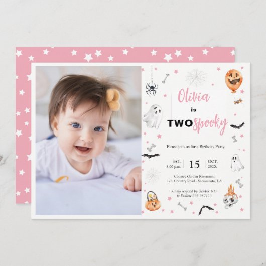 Halloween 2nd Birthday Pink spooky girl photo Einladung (Vorne/Hinten)