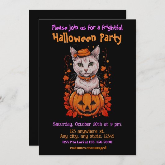 Halloween, 6 kitty, fun, spuke, Jack-o-lantern, Einladung (Vorne/Hinten)