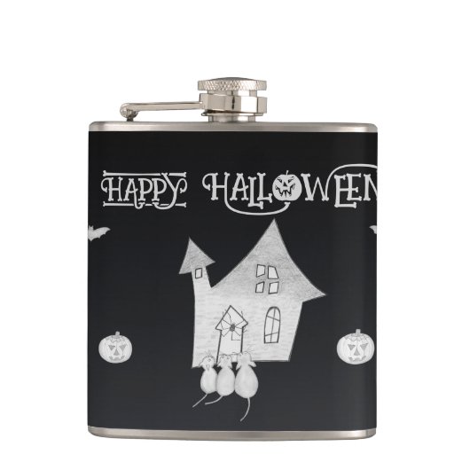 Halloween-Abend mit Spuk Haus, Fledermäusen, Kürbi Flachmann (Vorderseite)