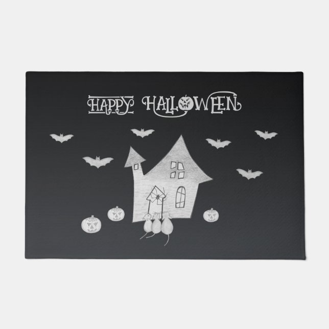 Halloween-Abend mit Spuk Haus, Fledermäusen, Kürbi Fußmatte (Vorderseite)