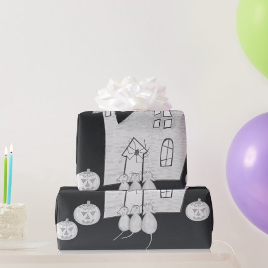 Halloween-Abend mit Spuk Haus, Fledermäusen, Kürbi Geschenkpapier (Partygeschenke)