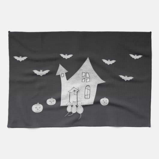 Halloween-Abend mit Spuk Haus, Fledermäusen, Kürbi Geschirrtuch (Horizontal)