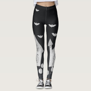 Halloween-Abend mit Spuk Haus, Fledermäusen, Kürbi Leggings