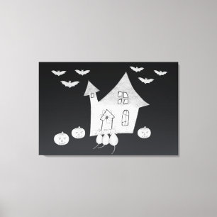 Halloween-Abend mit Spuk Haus, Fledermäusen, Kürbi Leinwanddruck