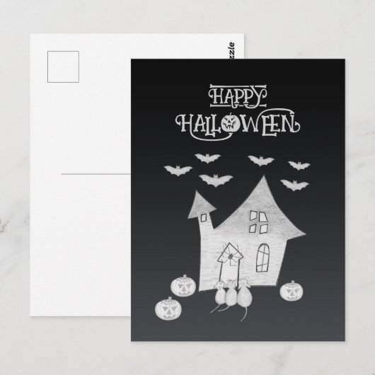 Halloween-Abend mit Spuk Haus, Fledermäusen, Kürbi Postkarte (Vorne/Hinten)
